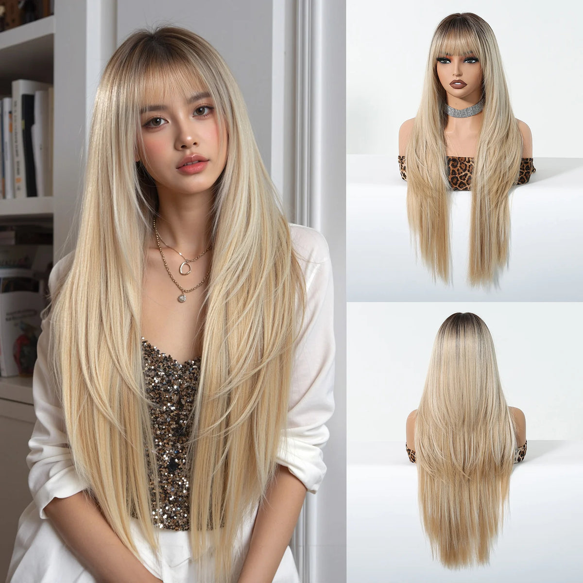 Burgundy Wine Red Ombre Layered Synthetic Wigs With Bangs Super Long Straight Wig For Women Cosplay Natural Daily Heat Resistant