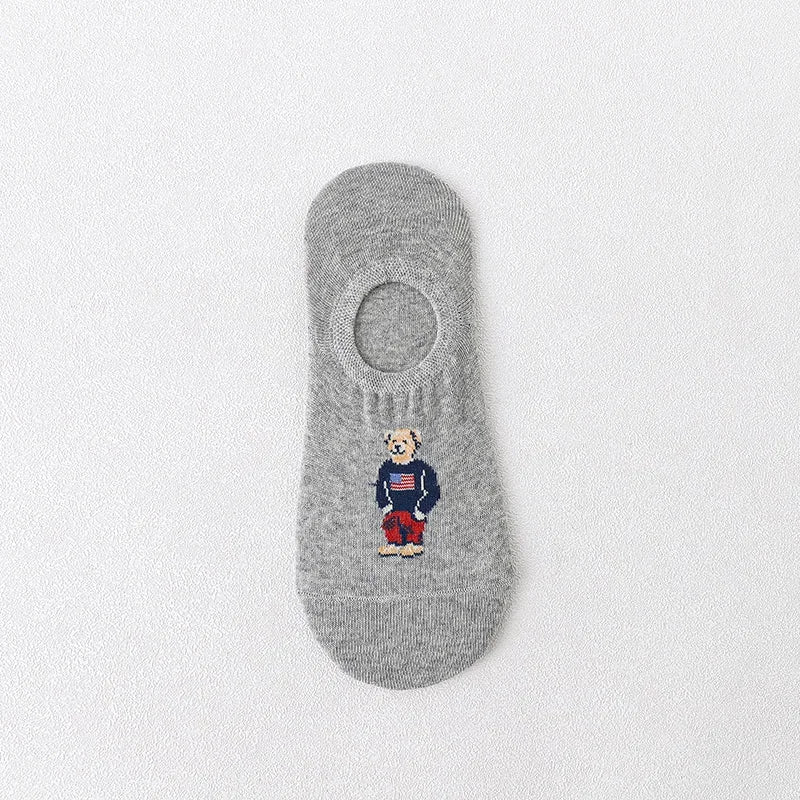 5 Pairs Unisex Men Socks 5 Colors Summer New Cartoon Bear Cotton Boat Socks Light Comfortable Sweat-absorbent Invisible Socks