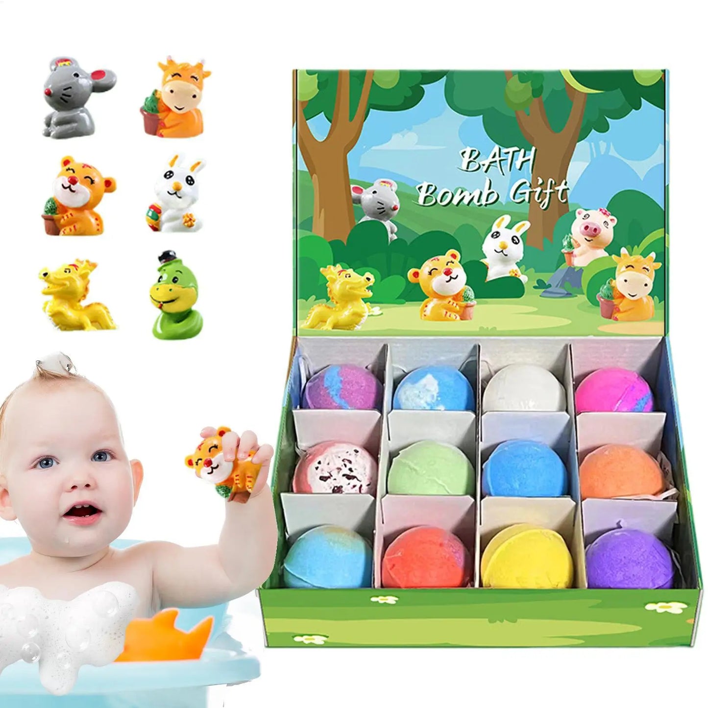 12Pcs Ocean Themed Bath Bombs Gift Set with Surprise Sea Animal Toys Inside Natural Bubble Bath Salt Balls for Kids Holiday Gift
