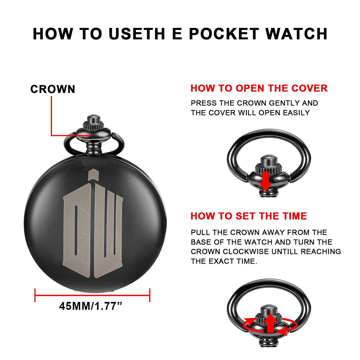 Black Mysterious Gemstone Doctor Strange Quartz Pocket Watch Fashionable Nostalgic Necklace Pendant Gift for Men and Women