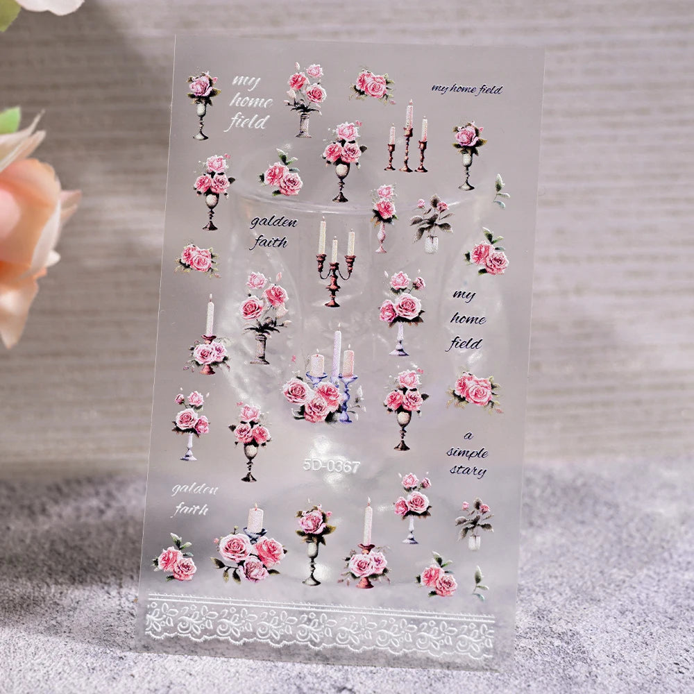 1Pc 3D Lavendar Flowers Stickers for Nails Spring Sakura Floral Leaves Self-Adhesive Sliders Decals Art Manicure for Decoration