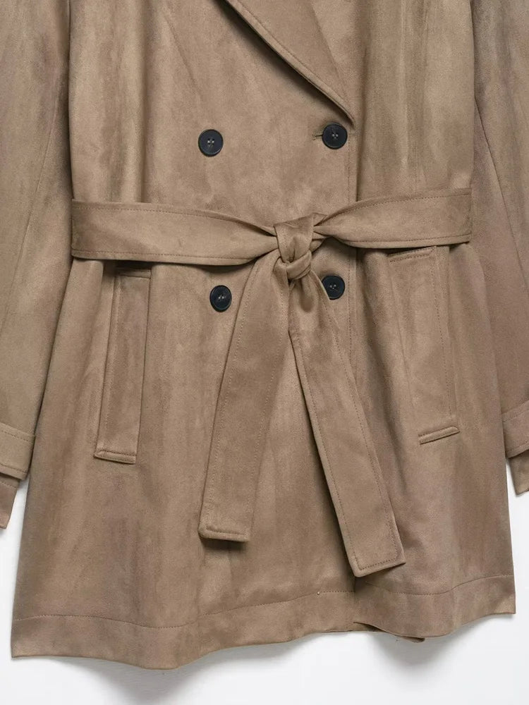 Women Fashion With Belt Faux Suede Trench Coat Long Sleeve Double-breasted Female Outerwear Chic Tops