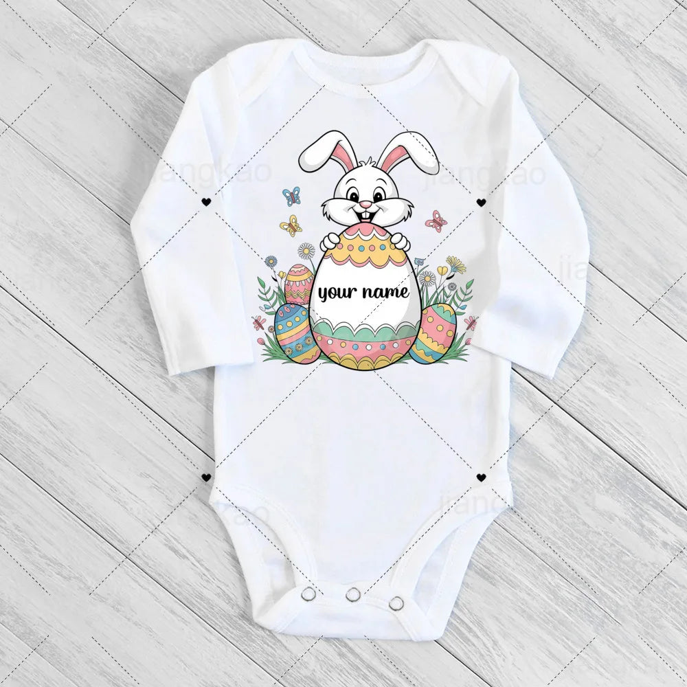 Personalized Easter Romper Easter Bunny Romper Custom Name Baby Girls Cute Outfit Newborn First Easter Party Clothes