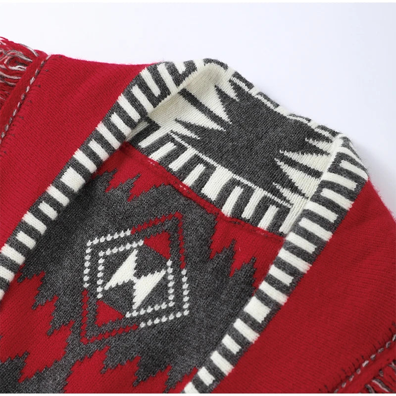 Women's Print Fringe Knitted Vest Coat Fashion Sleeveless Tie Waist Pocket Cardigan Sweater Lady 2025 Autumn Casual Outerwear