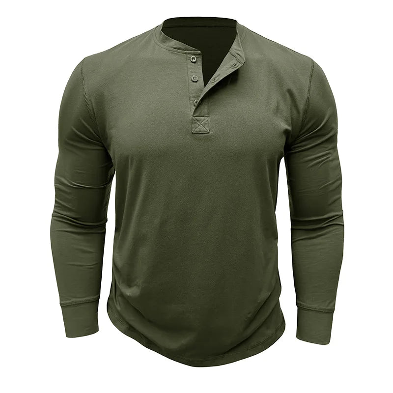SHiONFA Spring Men's Long Sleeved T-shirt Casual Soft Cotton Base Shirt Placket Front Button Solid Color Pullover