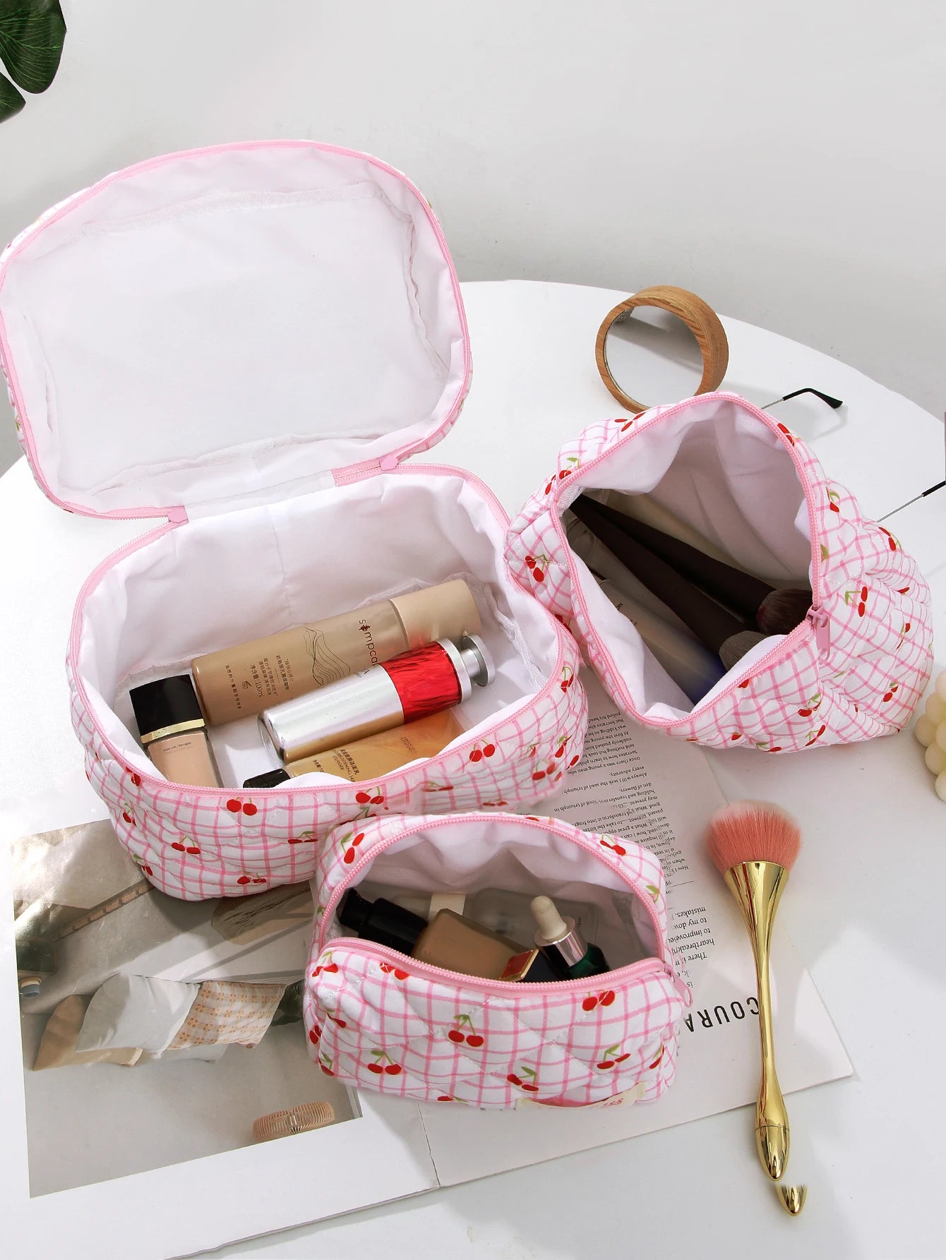 1pc/set Large Pink Cherry Quilted Makeup Bag, Cute Makeup Bag, Travel Makeup Bag, Makeup Storage Bag for Women Girls