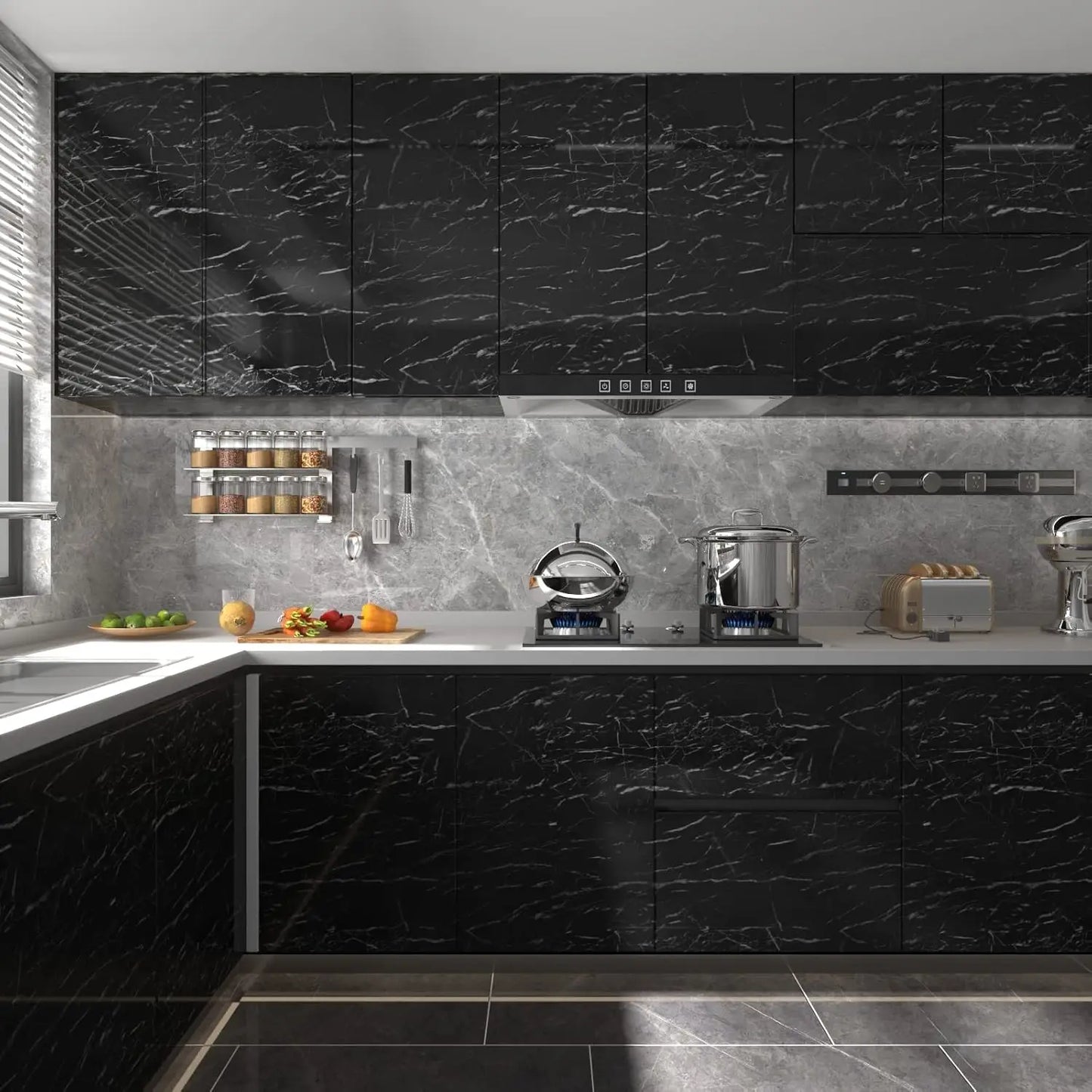 PVC Pearl Film Waterproof Wallpaper Room DIY Self-adhesive Black/White Wardrobe Kitchen High Gloss Paste Furniture Wall Stickers