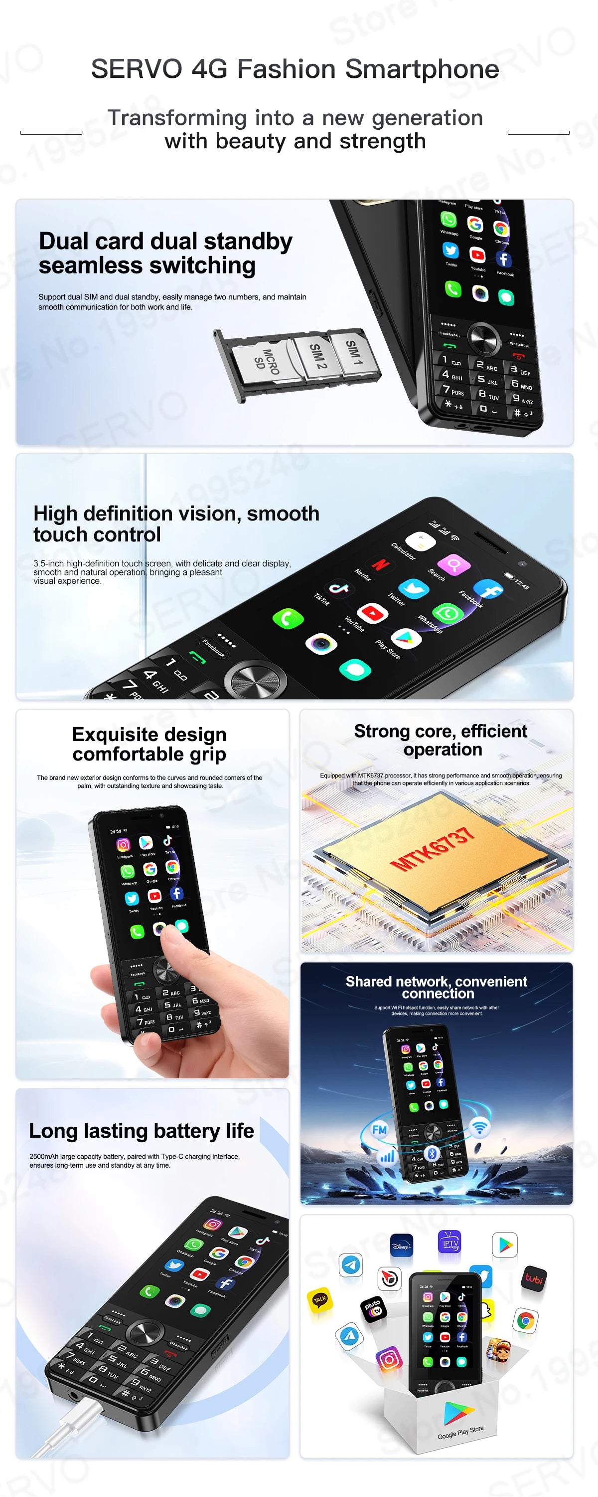 2025 New 4G Network Android Smart Phone 3.5" Screen 2 SIM Dual Camera Android 8.1 2+16GB WIFI GPS Play Store Mobile Phone Type-C