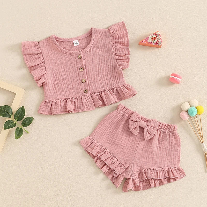 Pudcoco Little Girl 2 Piece Summer Set, Fly Sleeve Button Down Ruffled Tops Bow Elastic Waist Shorts Baby Toddler Set 6M-4T