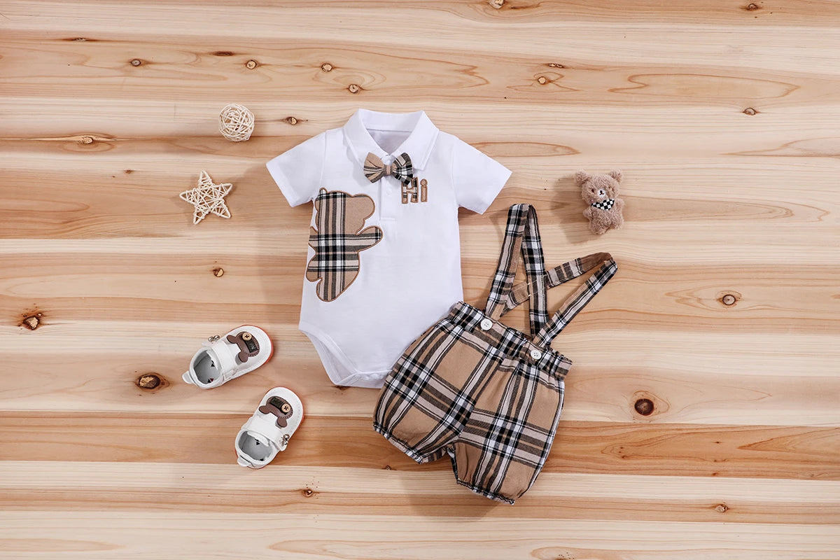 2PCS IURNXB Baby Clothes Sets Short Sleeve Boys Infant Plaid Bear Bodysuit+Suspenders Trousers Set Overall Newborn Outfits 1-18M