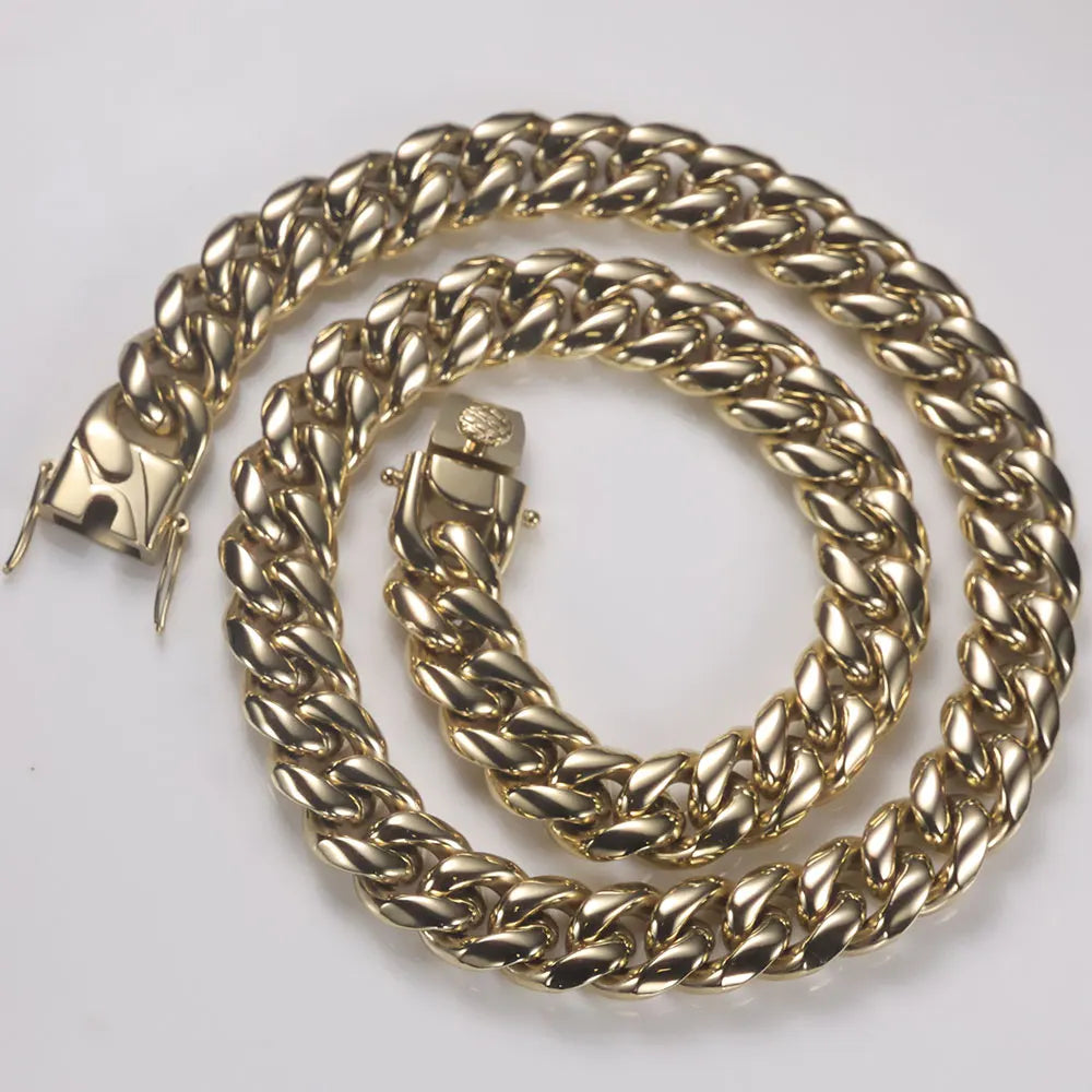 ESKEEM 14K Gold Plated 8mm 12mm Stainless Steel Cuban Chain Hip Hop PVD Plated Cuban Link Necklace For Men Women Party Gift