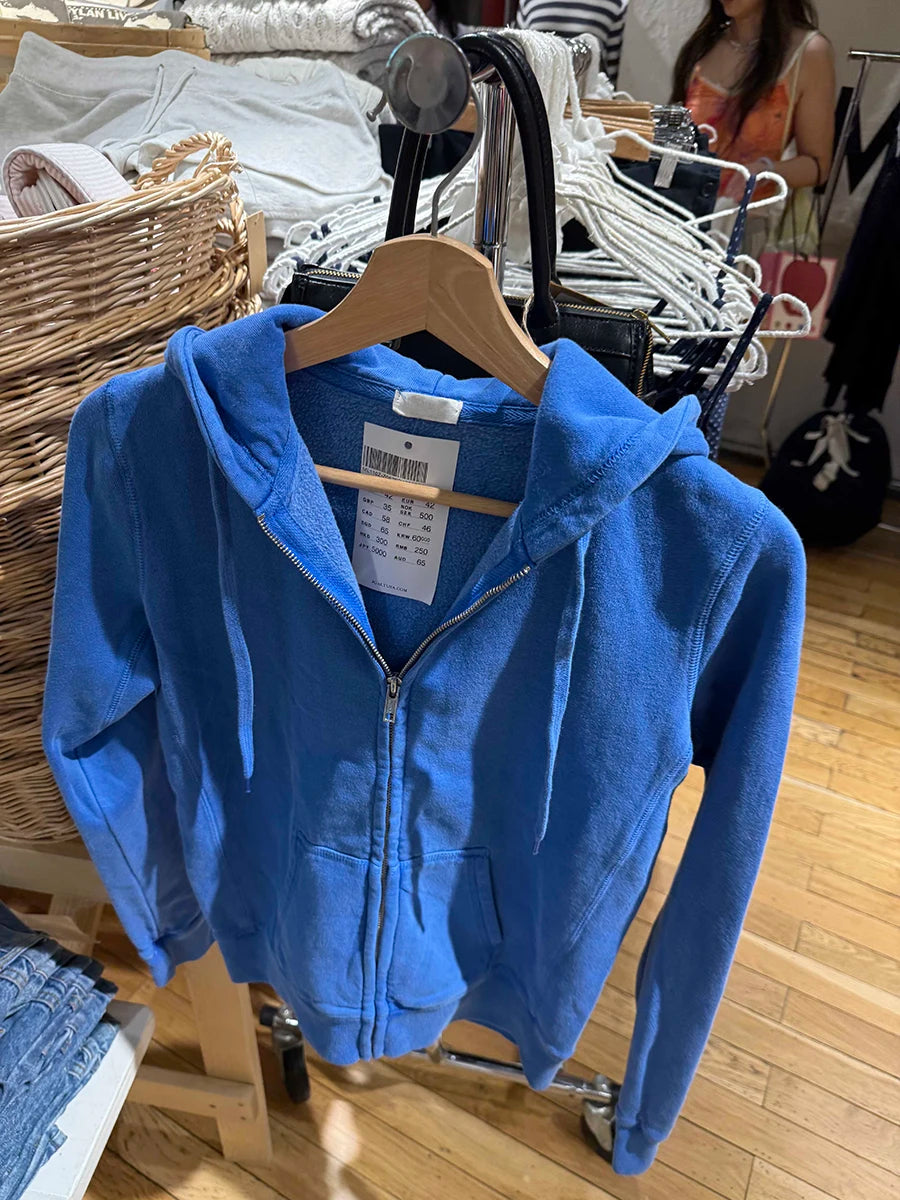 Blue Long Sleeve Zip-up Hoodies Women Autumn Pocket Drawstring Hooded Sweatshirts Preppy Style American Vintage Zipper Outerwear