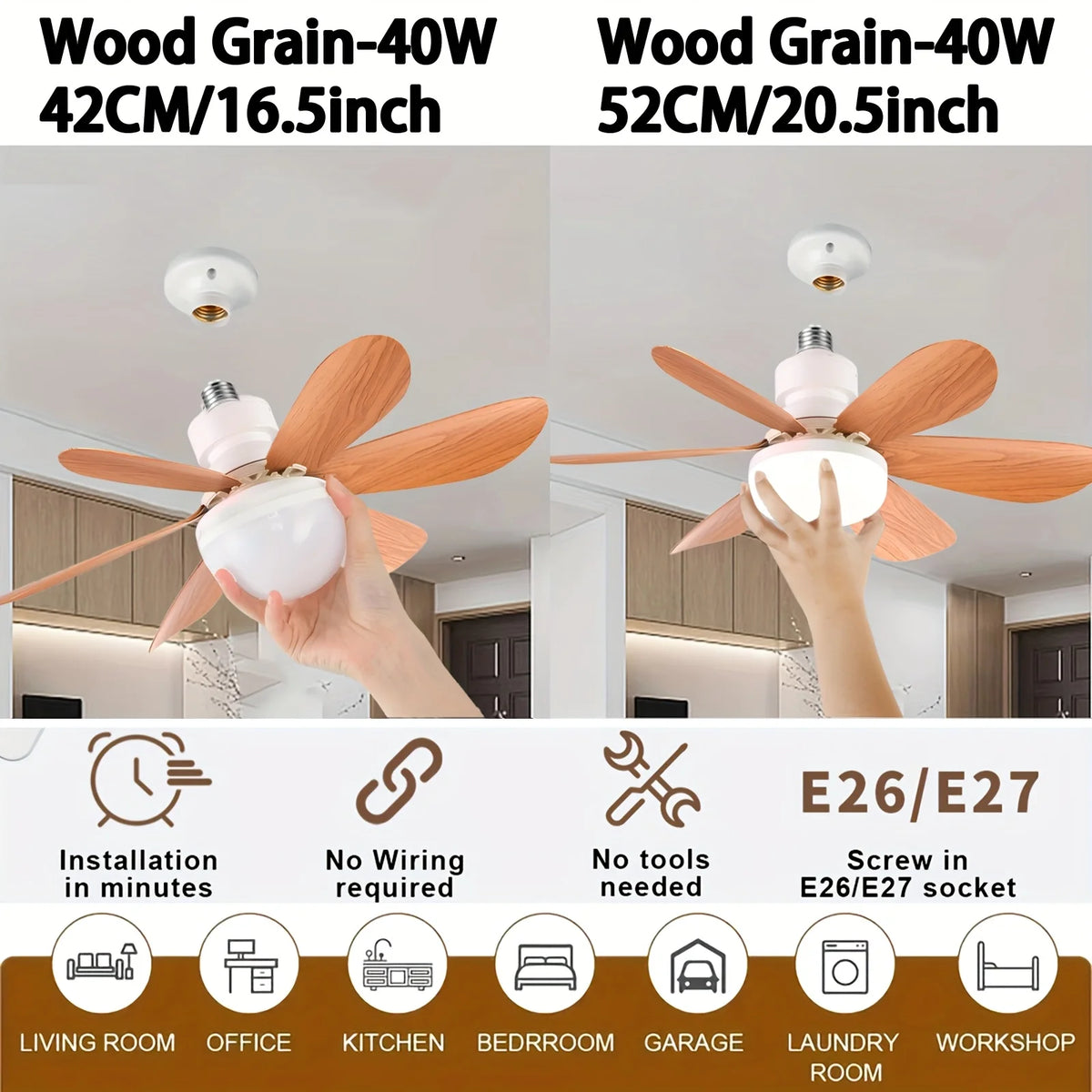 E26/E27 Lamp Holder Fan Light, Smart Ceiling Fan with Light and Remote Control, Easy to Install, Suitable for Bedrooms, Kitchens