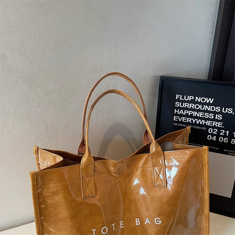 Women's Glossy Leather Tote Bag Letter Print Large Capacity Casual Commuter Shoulder Bag Fashion Daily Shopping Handbag 2026