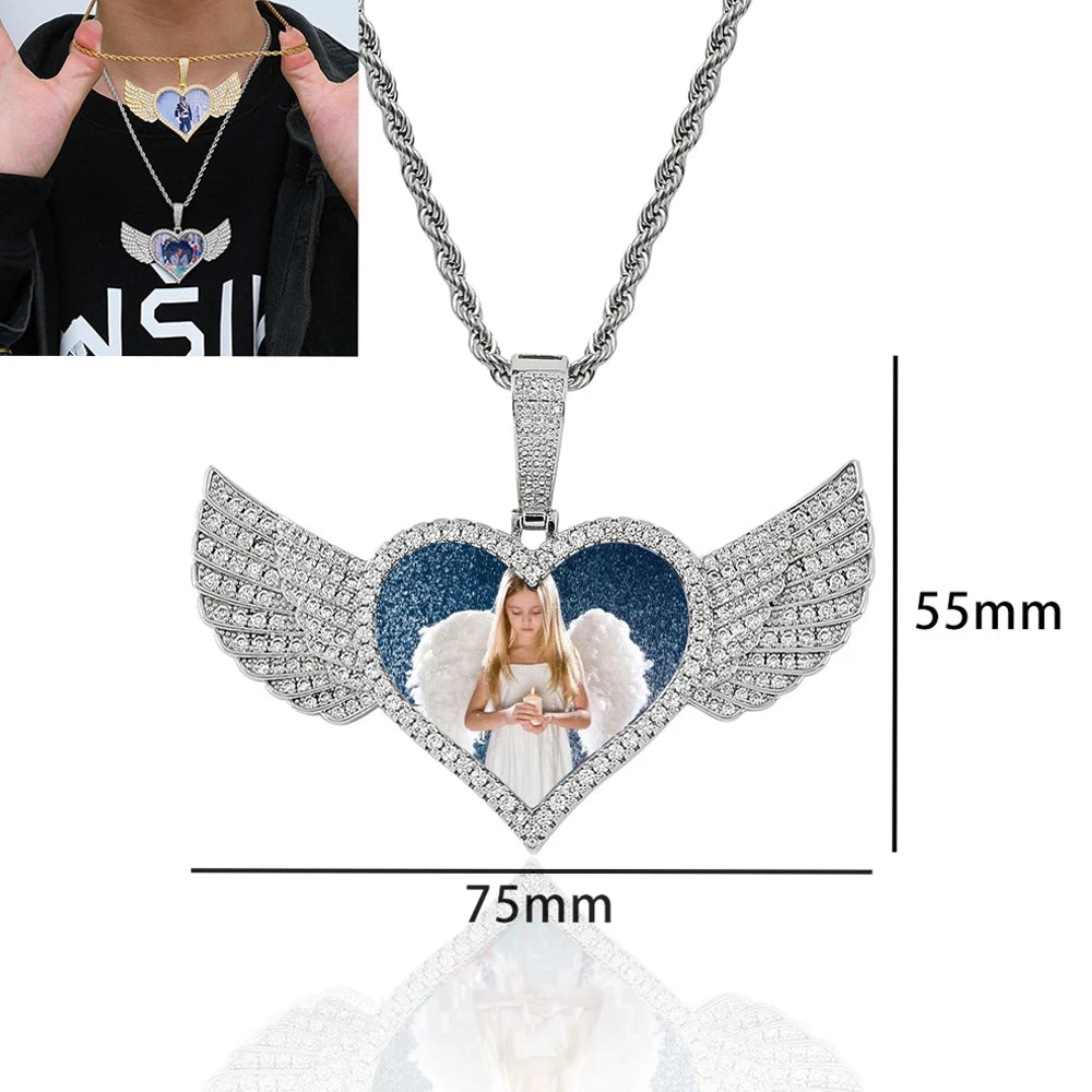 HHIOK Custom 18K Gold Plated Cubic Zircon Photo Pendant Medallions Wing Circle Pendant Necklace Personalized Wholesale