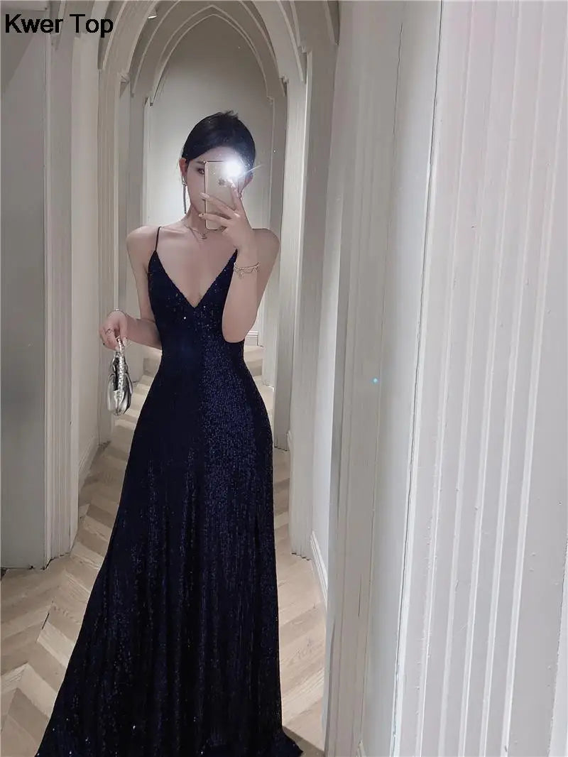 Women's Elegant V-neck Sequin Graduation Dresses Sexy Backless Split Bandage Runway Robe Summer Luxury Formal Occasion Clothes