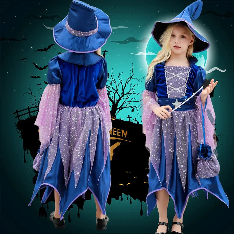 Halloween Party Costumes Witch Dress for Girls Kids Carnival Witch Costume Cosplay Dress Bag Hat Wand Suit