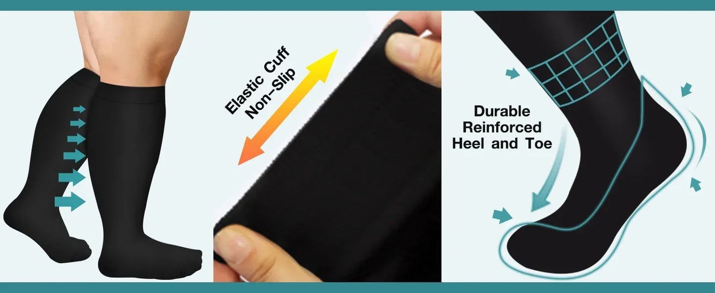 Plus Size Compression Socks for Women Men 20-30 MmHg Wide Calf Extra Large Knee High Flight Sock for Circulation Support 2XL-4XL