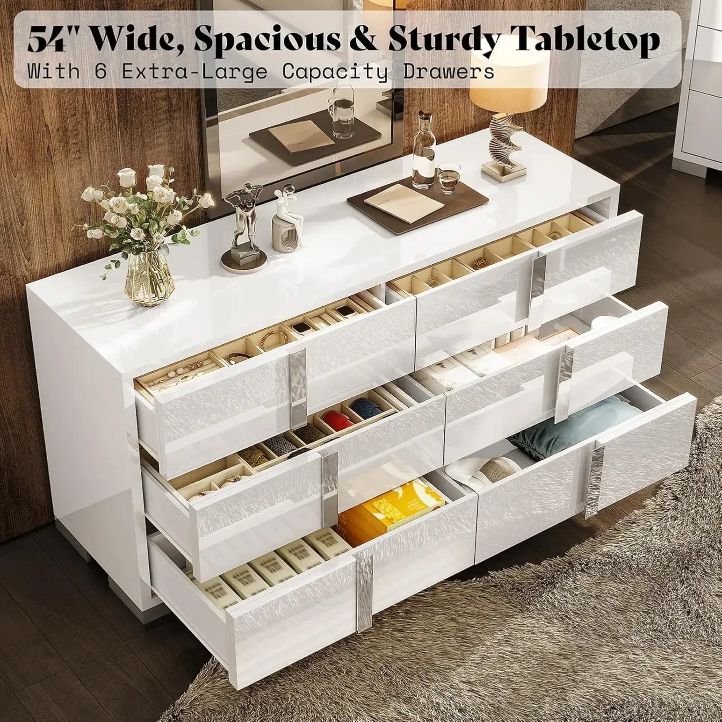 54" W High Gloss 6 Drawers Dressers with Silver Grooved Handles, Modern Storage Chest of Drawers with Wide Tabletop, for Bedroom