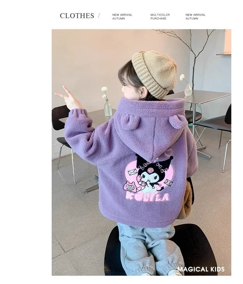 Winter 2025 New Cartoon Sanrio Kuromi Girls' Velvet Jacket Plus Velvet Children'S Polar Fleece Hooded Clothes Girls Winter Cloth