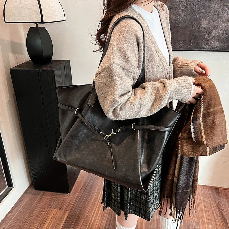 Tote Bag Designer Retro PU Leather Shoulder Handbag For Women Winter Trend Y2K Fashion Handbags Females Travel Luxury Tote Bags