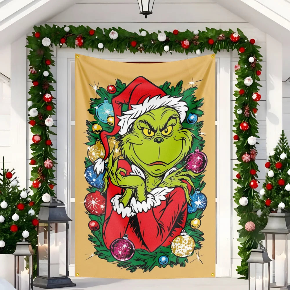 New Christmas Door hanging Green Haired Monster Christmas Flag Red Green Yard Outdoor Decoration Party Scene Decor