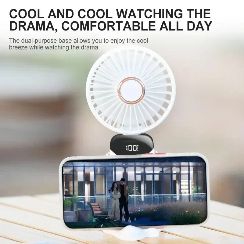 Portable Handheld Mini Fan Foldable Neck Hanging Fans 1800mAh 5 Speed USB Rechargeable Fan with Phone Stand and Display Screen