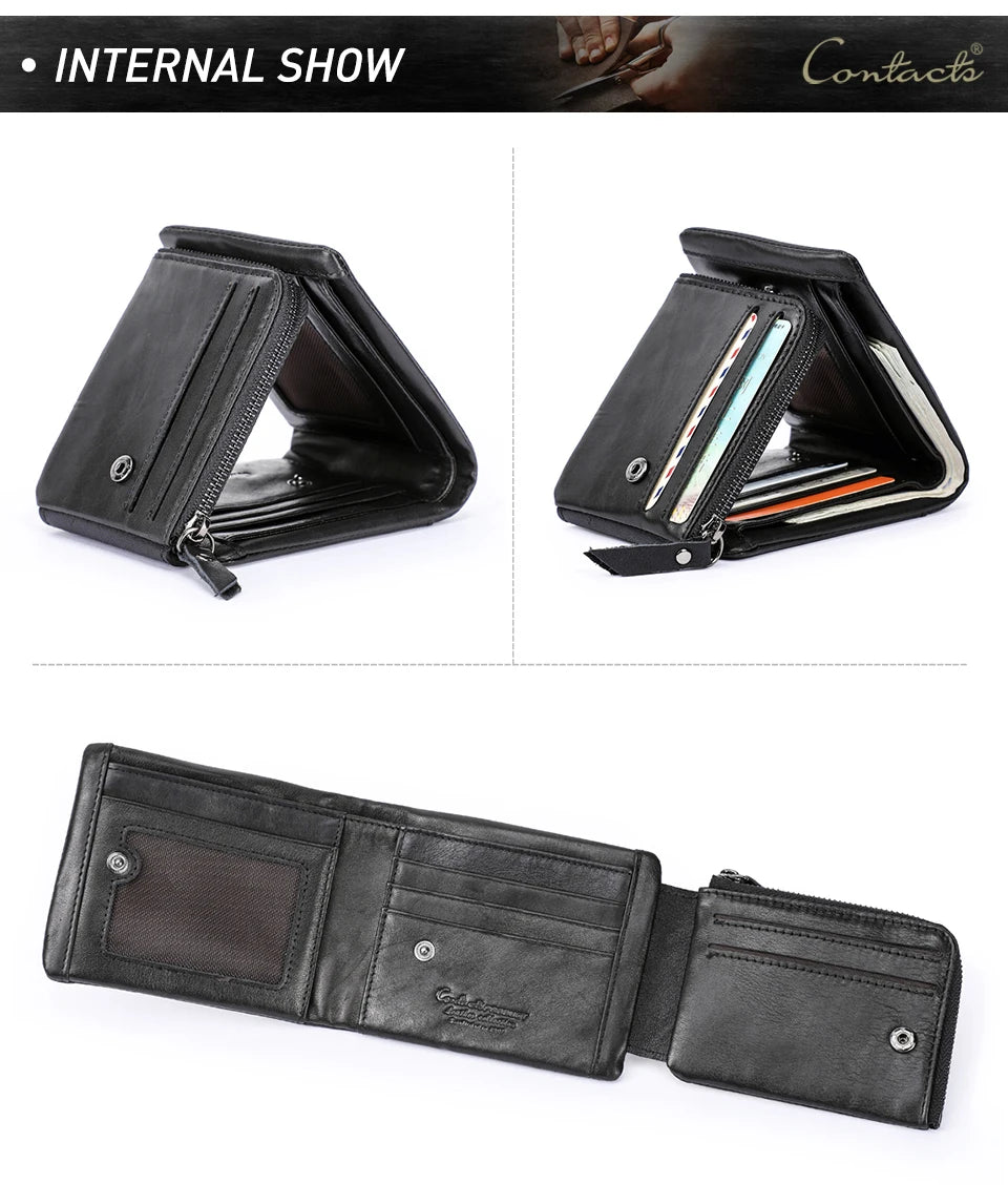 CONTACT'S Genuine Leather Men Wallet Vintage Trifold Hasp Wallet Zipper Coin Purse Card Holder Money Clip Men's Wallets