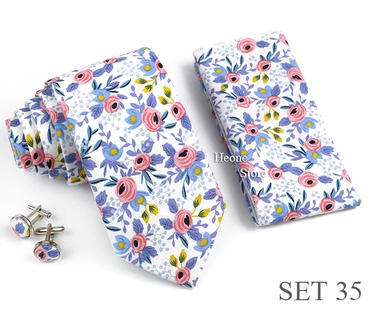 Hot Sell 3PC Chic Elegant Floral Tie Set Pocket Square Cufflinks For Men Women Wedding Party Dinner Suit Tuxedo Accessory Gift