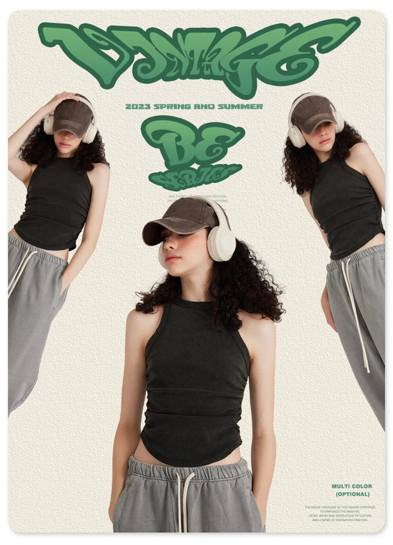 ZODF Women 2025 Hotsweet Girls Washed Cotton Tank Tops Female 315gsm Slim Pleated Arc Hem Camisole TEE Brand Tops HY0574