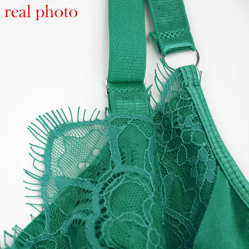 Sexy Bra Green Lingerie For Woman Erotic Underwear Set Lace Bandage Bralette Set Sexy Push up Lenceria 3 Piece Set