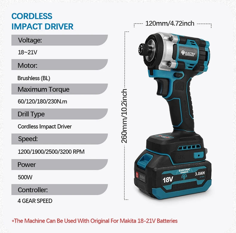 230NM Brushless Electric Screwdriver Multi-function Lithium Drill Cordless Driver Battery Set For Makita 18V Battery Pin