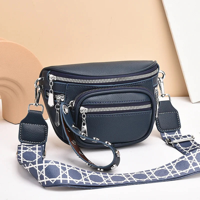 Luxury Multi-pocket 100% cowhide Crossbody Bags For Women Black Shoulder Messenger Handbags Small Chest Bag Travel Saddle bag