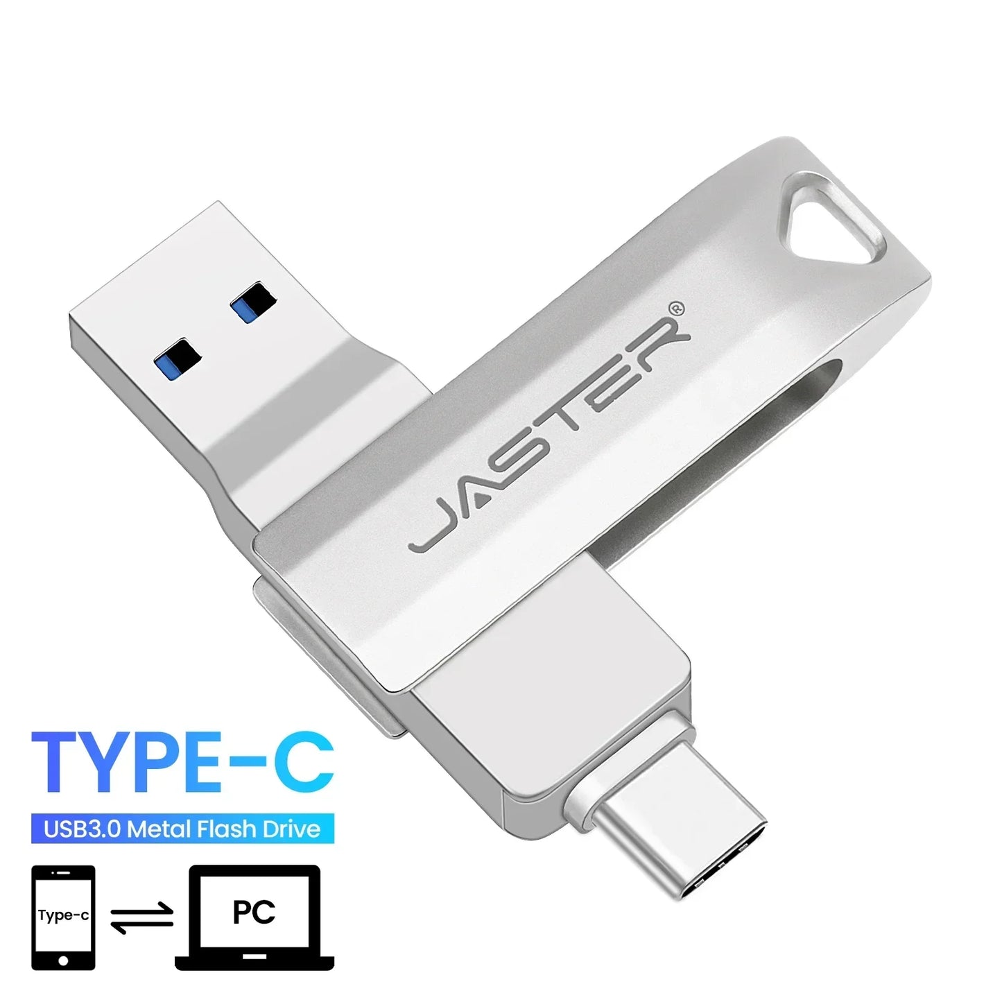 JASTER Silver Metal USB 3.0 Flash Drive 256GB TYPE-C 2 in 1 Memory Stick 128GB High Speed Pen Drive 64GB Rotatable U Disk 16GB