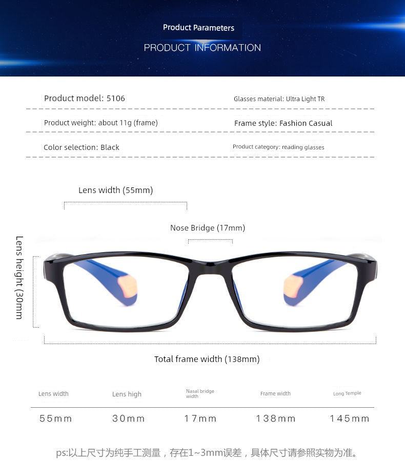 Middle-Aged and Elderly Reading Glasses Men's Dual-Use Anti-Blue Light Multi-Focus Smart Zoom Multi-Function Presbyopic Glasses Ladies