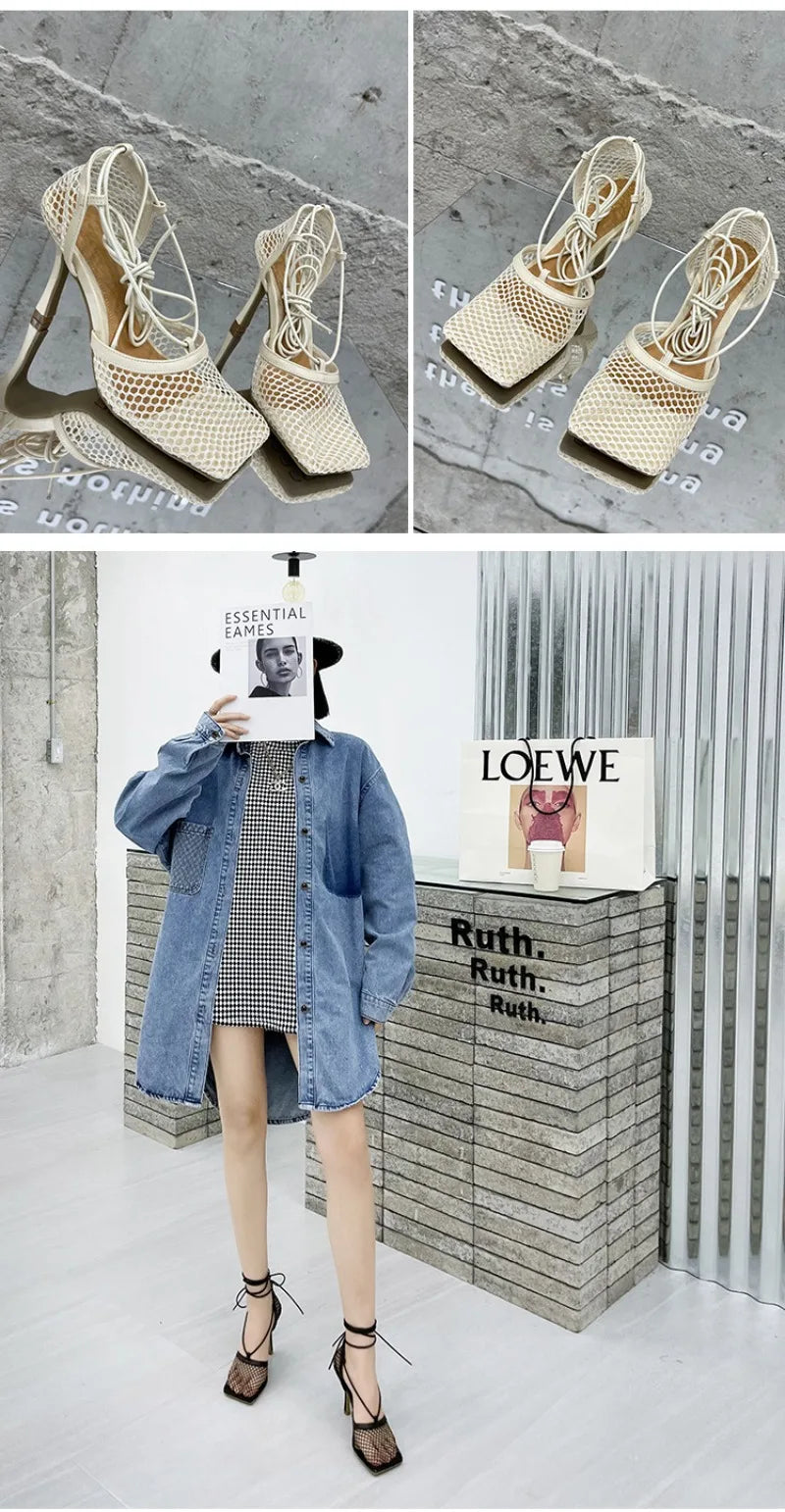New Women's Shoes Fashion Air Mesh High Heeled Sandals for Woman Exquisite Square Head Casual Shoes Designer Shoes Zapatos Mujer