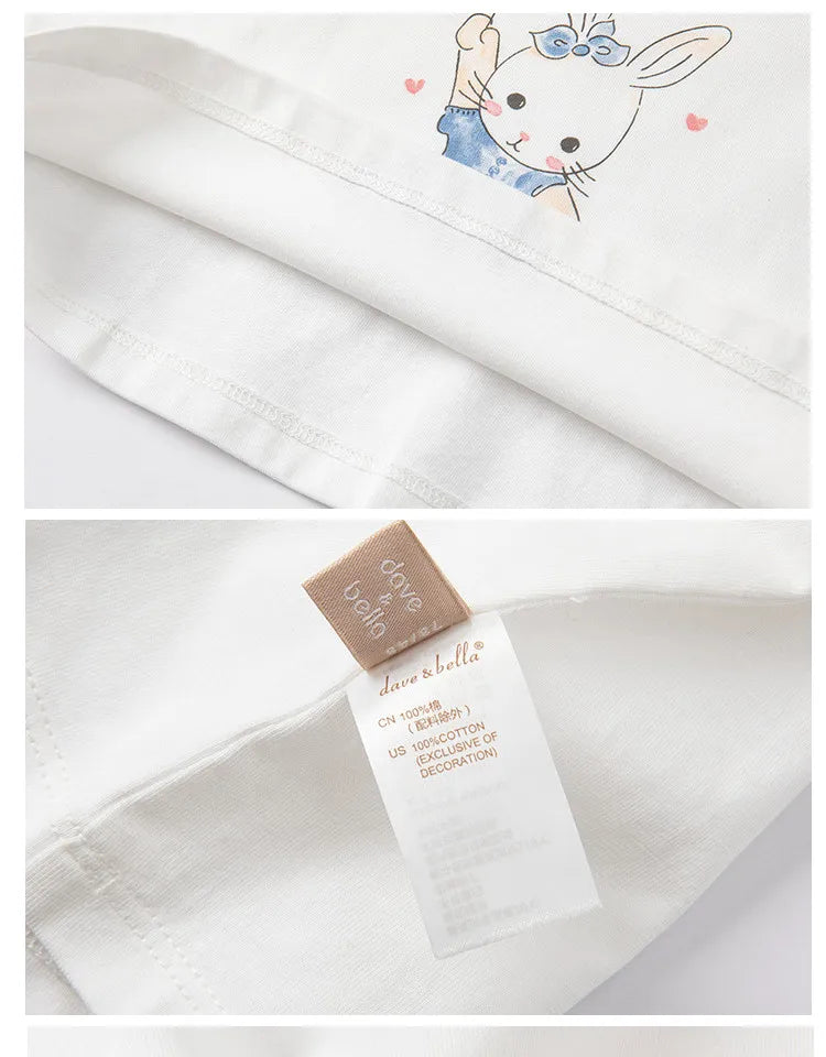 Dave Bella Baby Girl White T-shirts Cartoon Printed Girls Tees Children Tops Puff Sleeves Kids Clothes DB2221905
