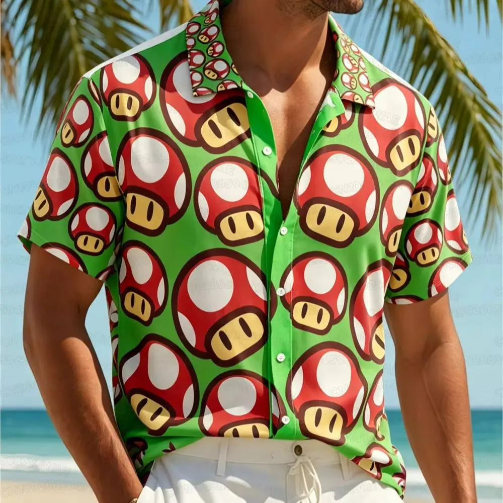 Summer Men's Women's Yoshi Full Body Printed Button Casual Hawaiian Shirt Summer Beach Vacation Short Sleeve Shirt