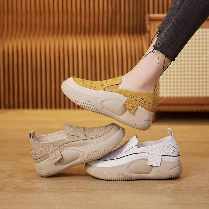 New Casual Loafers Women's Thick-soled One-pedal Through The Net Soft Leather Retro Single Shoes Women's Shoes Wholesale