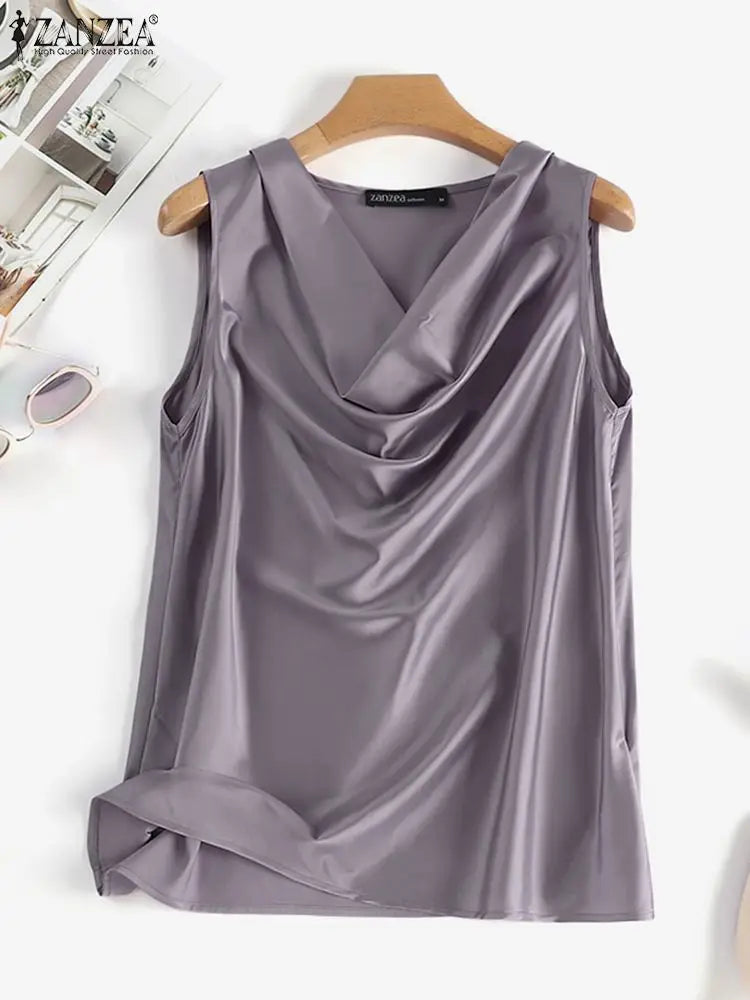ZANZEA 2025 Elegant Korean Tanks Women Satin Silk Solid Color Sleeveless Tank Tops Fashion Sexy Office Lady Cowl Neck Camisole