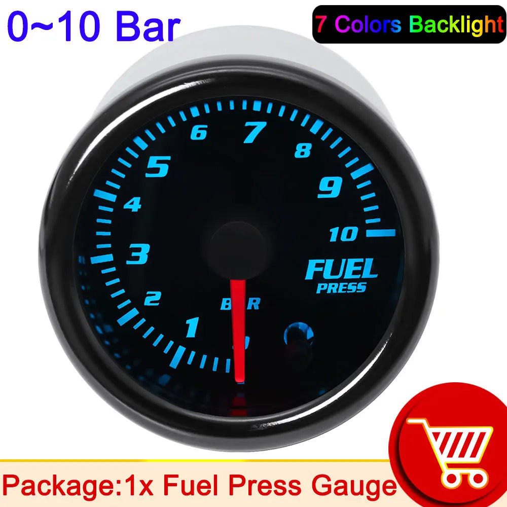 HD 52mm Fuel Press Gauge with Fuel Pressure Sensor 1/8NPT 0~10 Bar 7 Colors Backlight Fuel Pressure Gauge Car Oil Pressure Meter