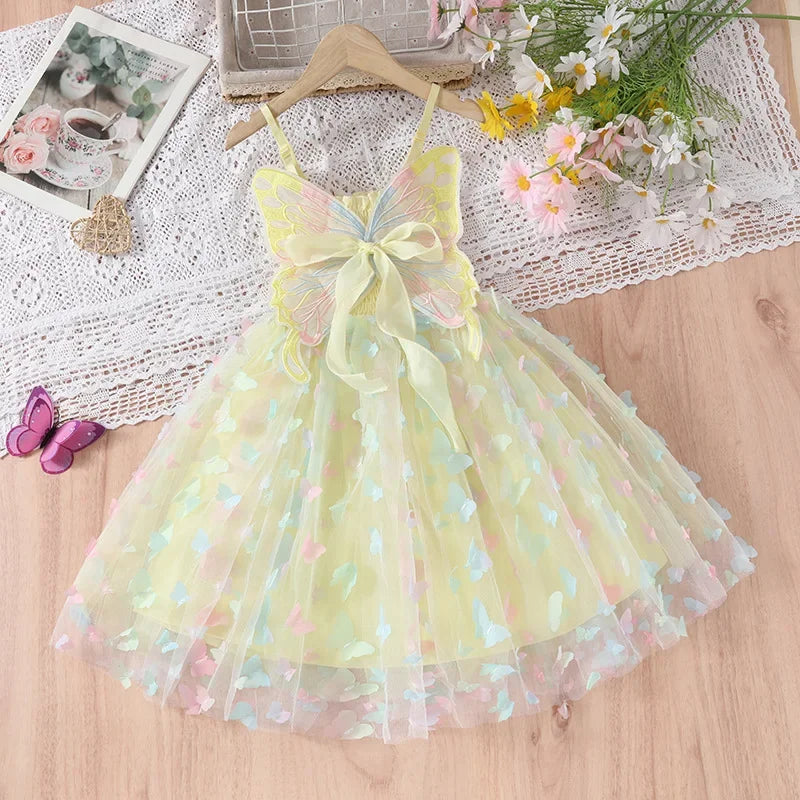Baby Girls Big Butterfly Wings Gauze Princess Dress Lovely Kids Summer Sleeveless Tulle Sling Dress Children Birthday Party Gown