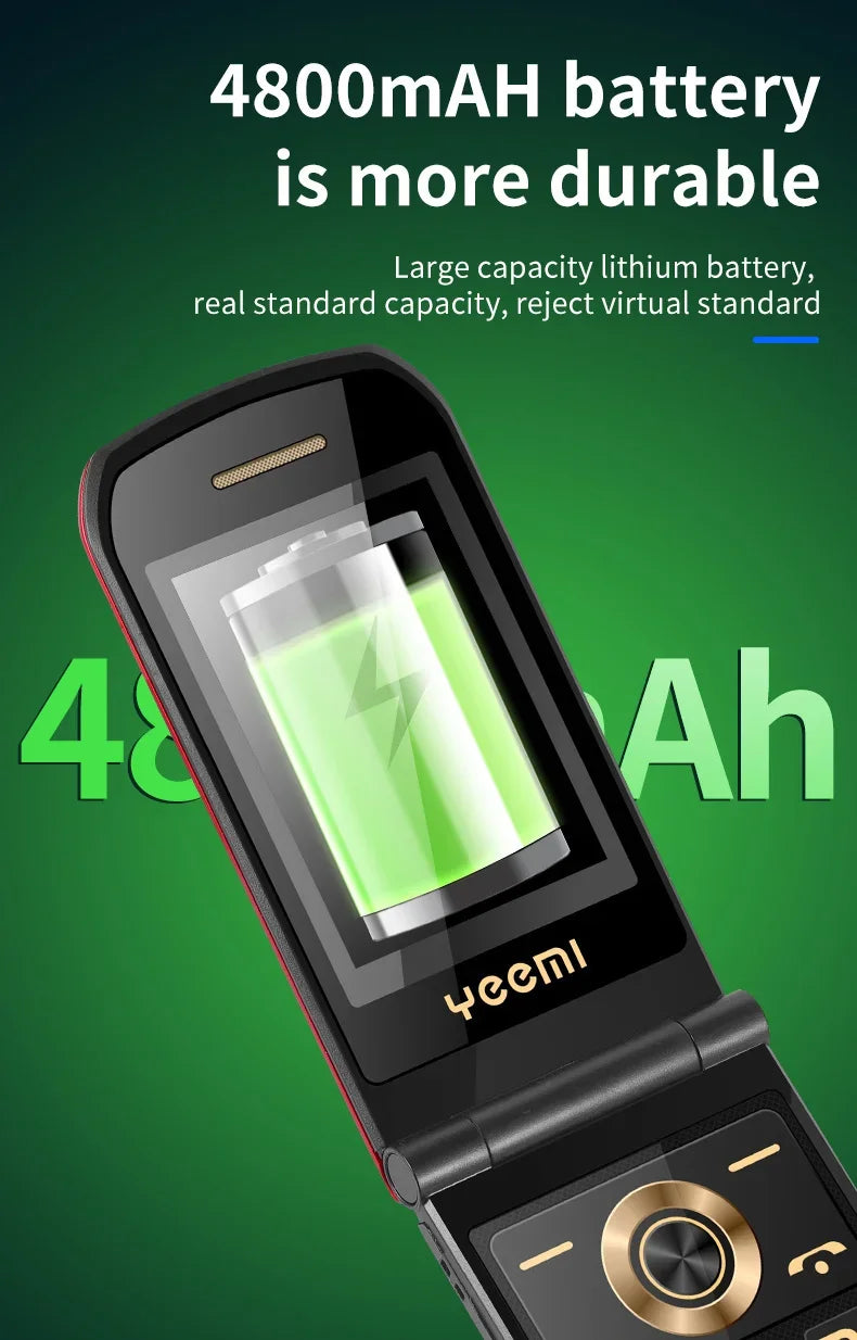 YeeMI K21+ 4G Rugged Feature Phone 2.6Inch Screen Big Button Flip Phone Dual SIM Dual Screen Cellphone 6800mAh Battery Full Band