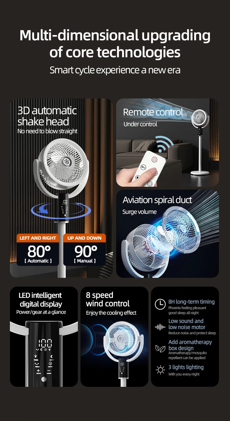 Floor Standing Fan Remote Control 6000mAh USB Rechargeable Height Adjustable Air Circulator for Camping Home Office Sturdy Base