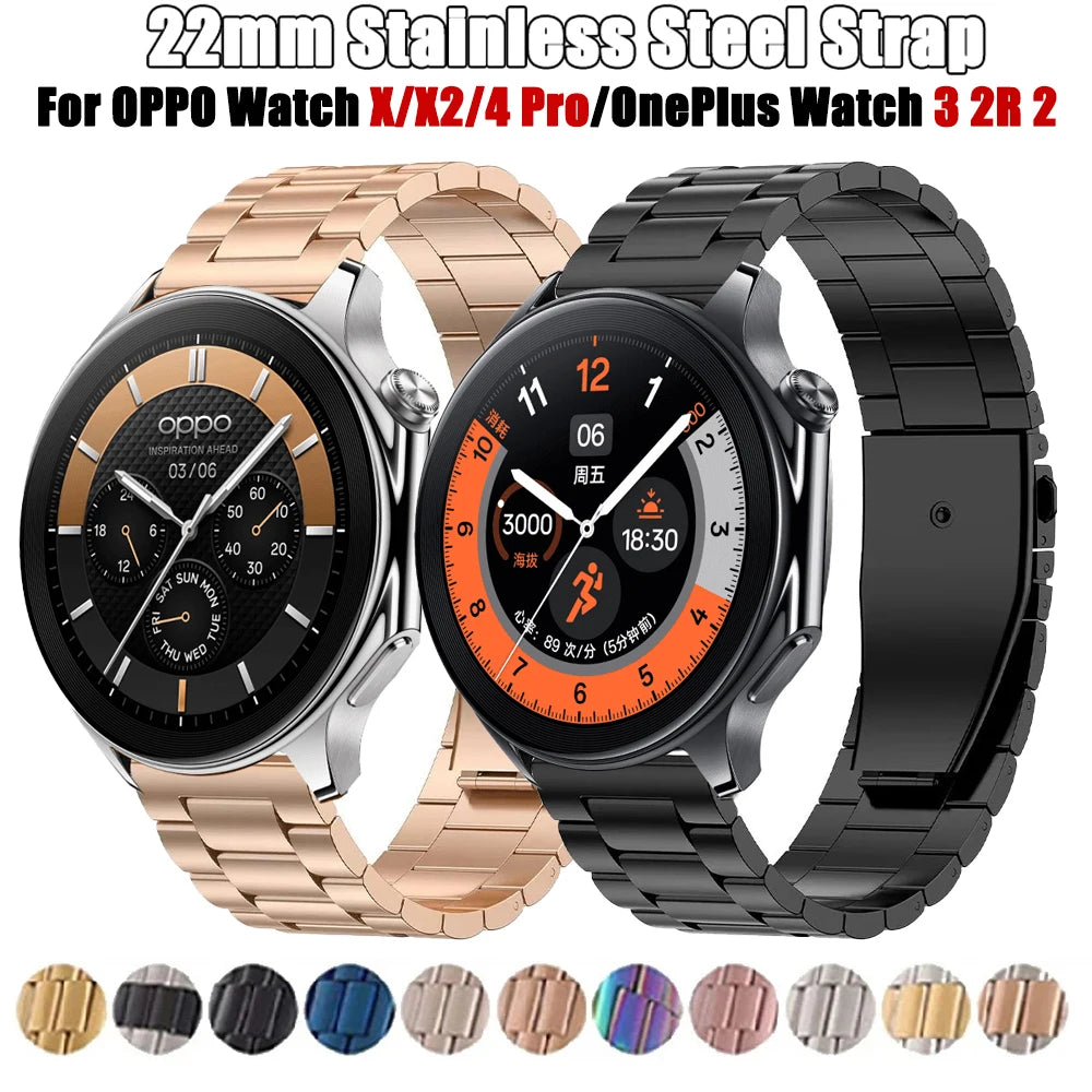 22mm Stianless Steel Watchband For OnePlus Watch 3 2R 2 Folding Buckle Strap For OPPO Watch X X2 OPPO Watch 4 Pro Metal Bracelet