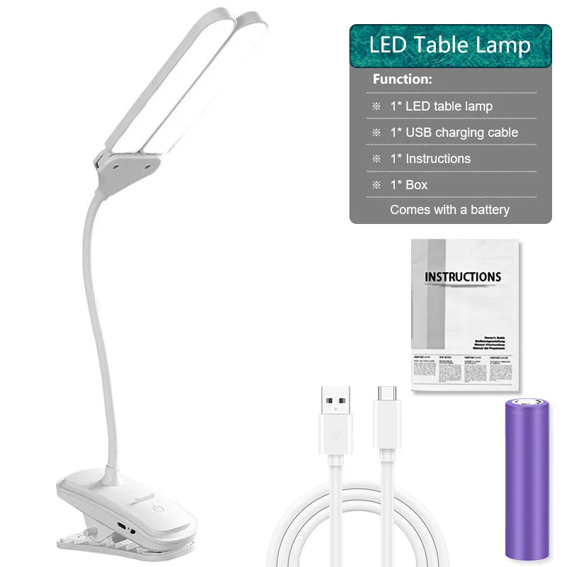 Dual Head Clip Table Lamp LED Rechargeable Eye Protection Desk Lamp Flexible Dimmable Night Lamp For Children Study Kids Reading