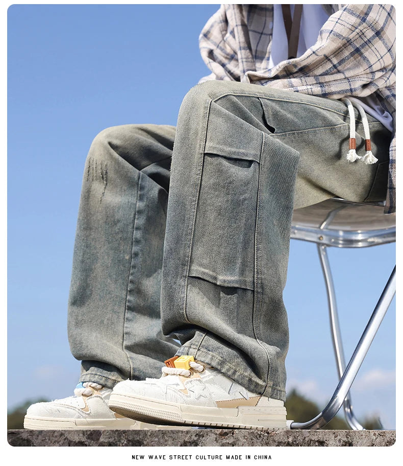 Jeans men's American high street vintage washed crease splicing men's spring and fall models loose straight pants