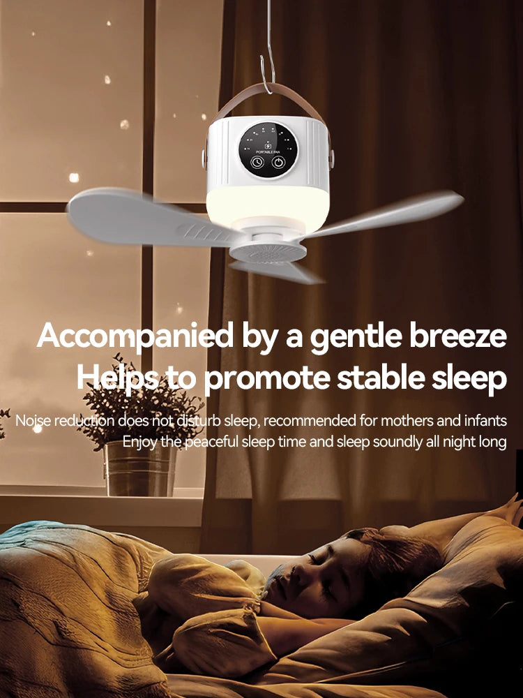 Mini Ceiling Fan, 4 Speeds, LED Screen, 3-Level Night Light, 4 Timers (1-8H), 3600mAh Battery, Remote, Quiet USB Fan for Camping