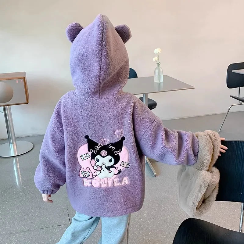 Winter 2025 New Cartoon Sanrio Kuromi Girls' Velvet Jacket Plus Velvet Children'S Polar Fleece Hooded Clothes Girls Winter Cloth