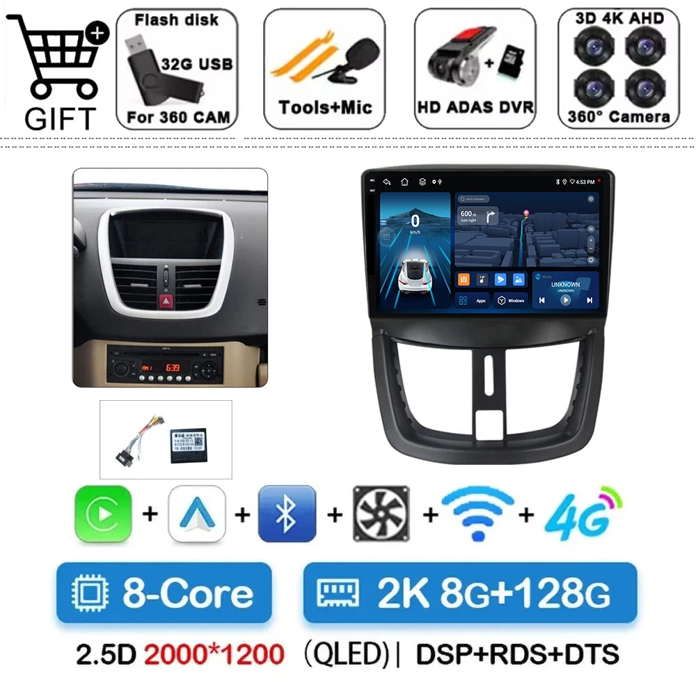 Car Radio For Peugeot 207 2006 - 2015 Multimedia Video Player Navigation Stereo GPS Android 14 wireless Carplay DSP RDS 5G WIFI
